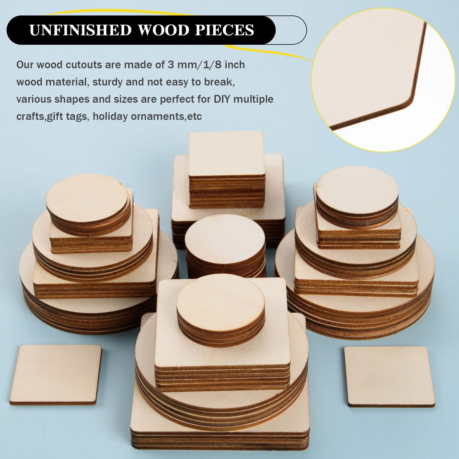 150 Pcs Unfinished Wooden Squares Wooden Circles Set Blank Wood Square Cutouts Slices Round Wood Discs Cutouts Natural Wood Cutouts Tiles Set for DIY Crafts Projects Home Party Decor,3 Sizes/2 Shapes - Image 4
