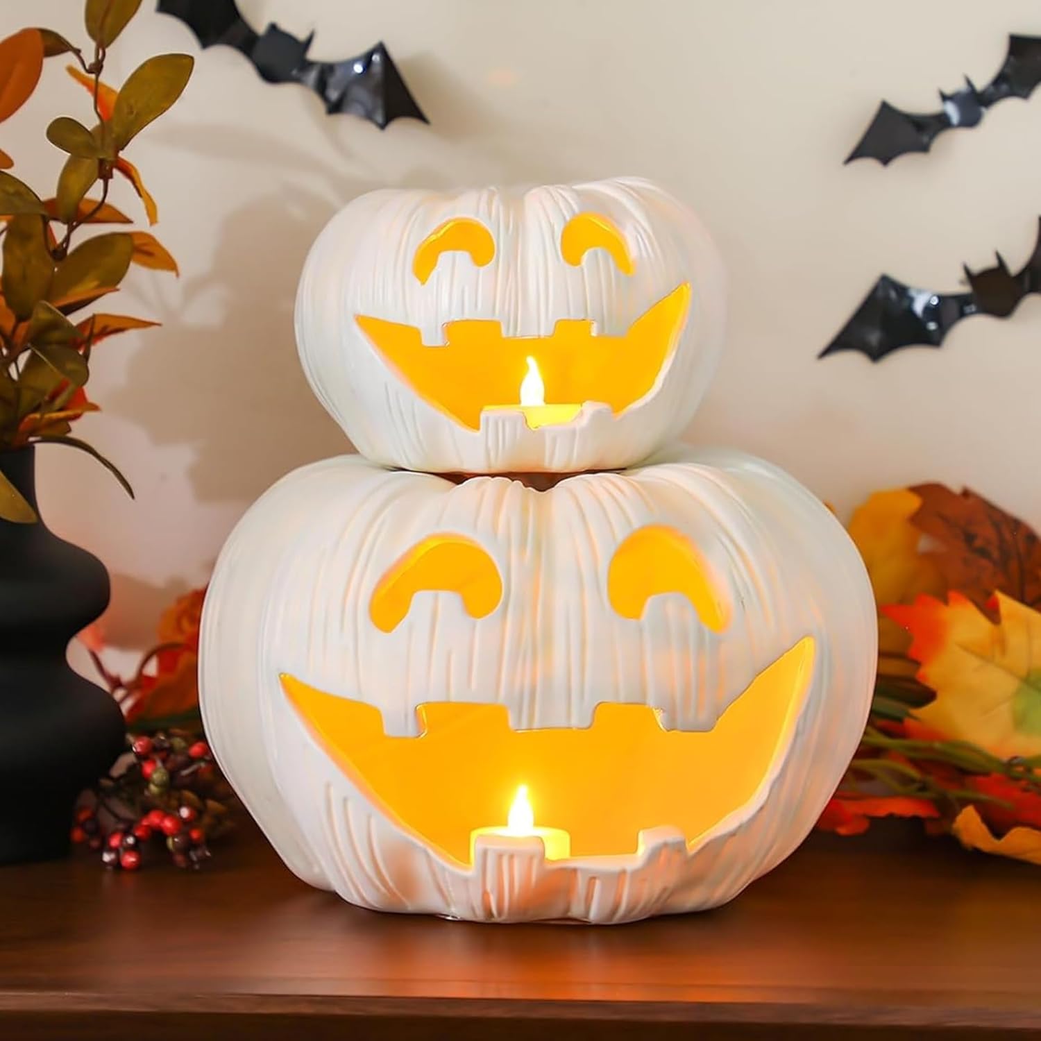 sumind pumpkin tealight candle holder - halloween jack o lanterns resin tealight holder decoration for fall harvest party mantle centerpiece(white,2 pcs) white 2