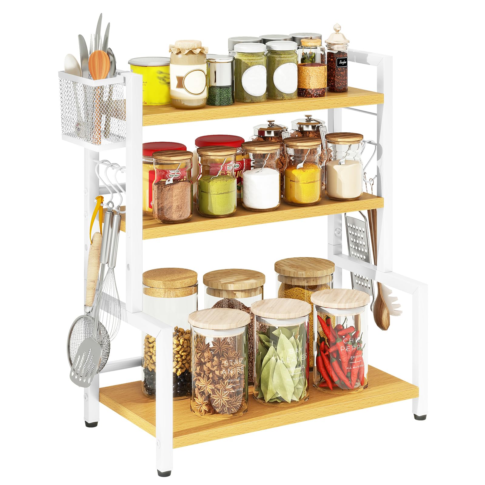 YMYNY Kitchen Spice Rack with Wire Basket, Countertop Shelf for Cabinet, Desktop Organiser with 6 Hooks, Storage Seasoning Rack for Spices, Jars, Oil Bottles, Natural Color HSR006N โ image 1