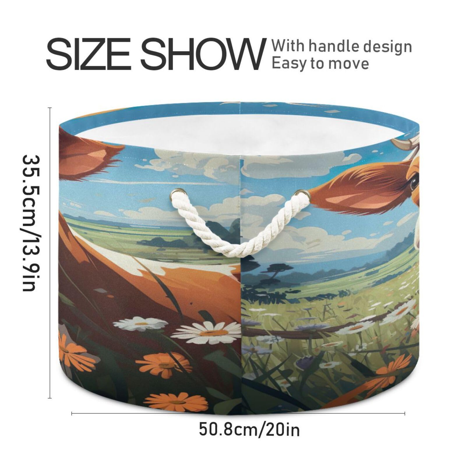 Round Cute Brown and White Cow Flower Storage Basket Large Organizer Bin Laundry Hamper Toy Storage Basket with Handle for Nursery Clothes Toys 202b4833