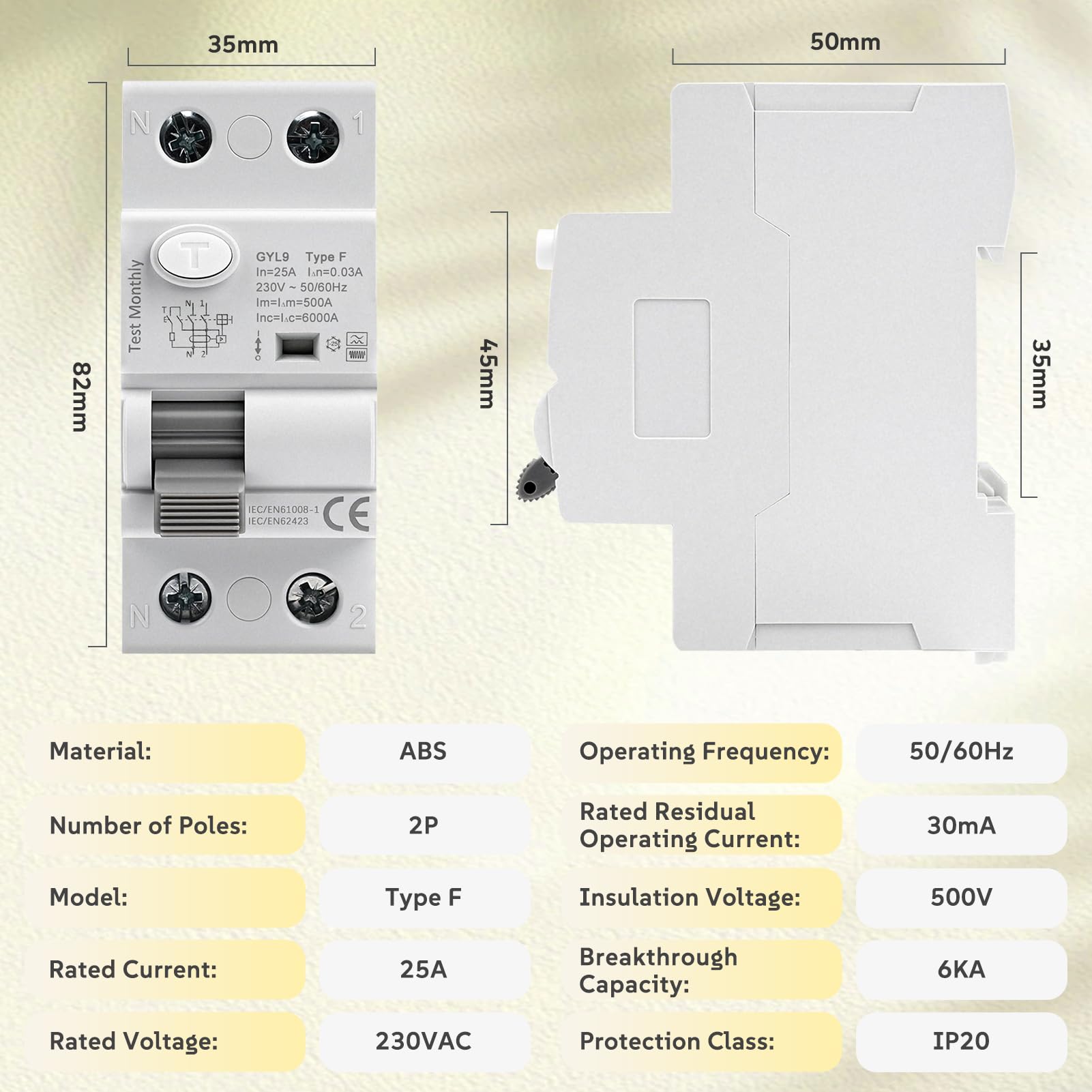 Interruttore Differenziale Magnetotermico 25A 30mA AC230V 2P Magnetotermico Differenziale Tipo F 6kA, per carichi monofase a frequenza variabile condizionatori d'aria lavatrici pompe idrauliche GYL9