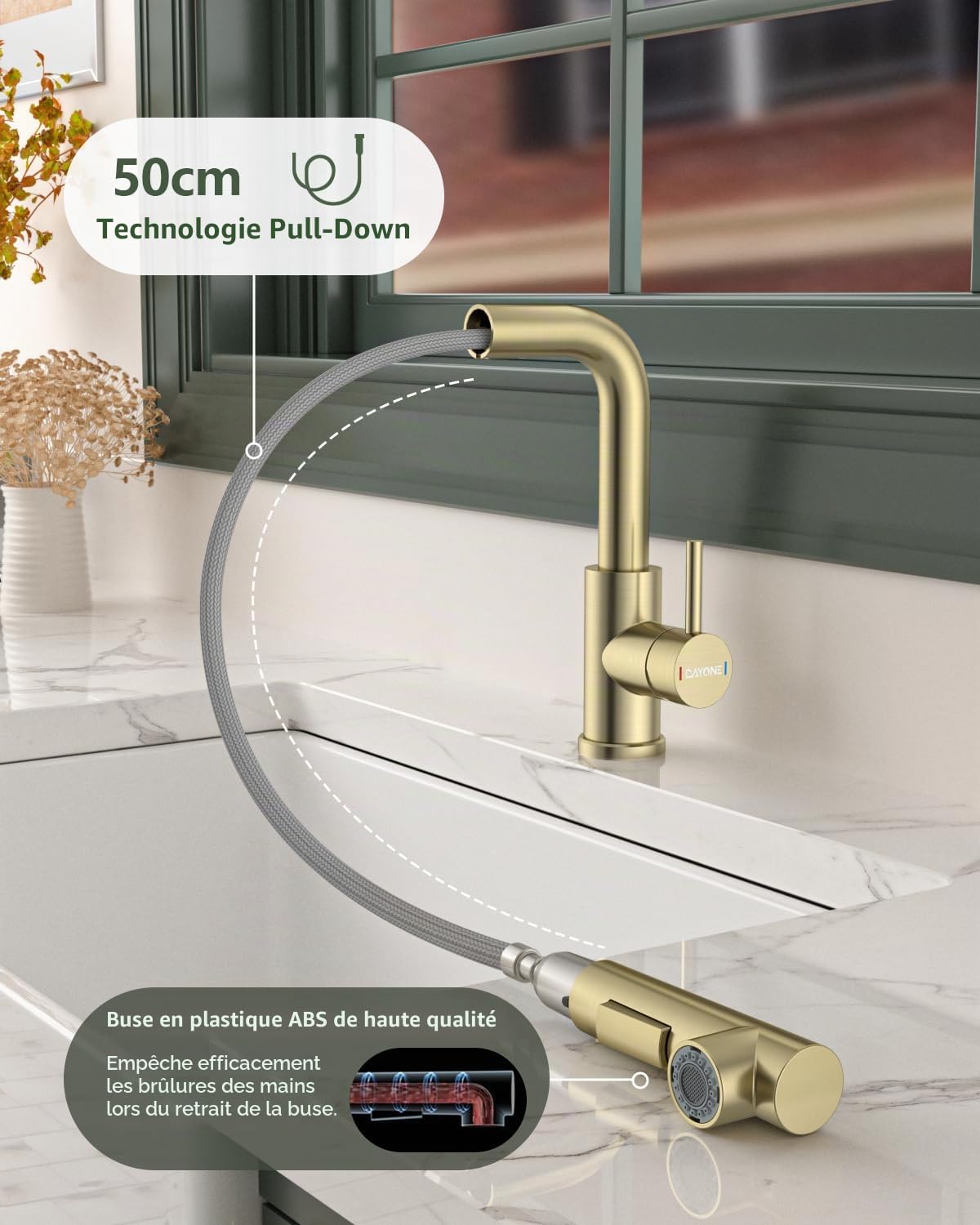 DAYONE Robinet de cuisine doré brossé avec douchette extractible, en acier inoxydable SUS304, robinet de cuisine haute pression avec deux fonctions de pulvérisation, mitigeur pivotant à 360°