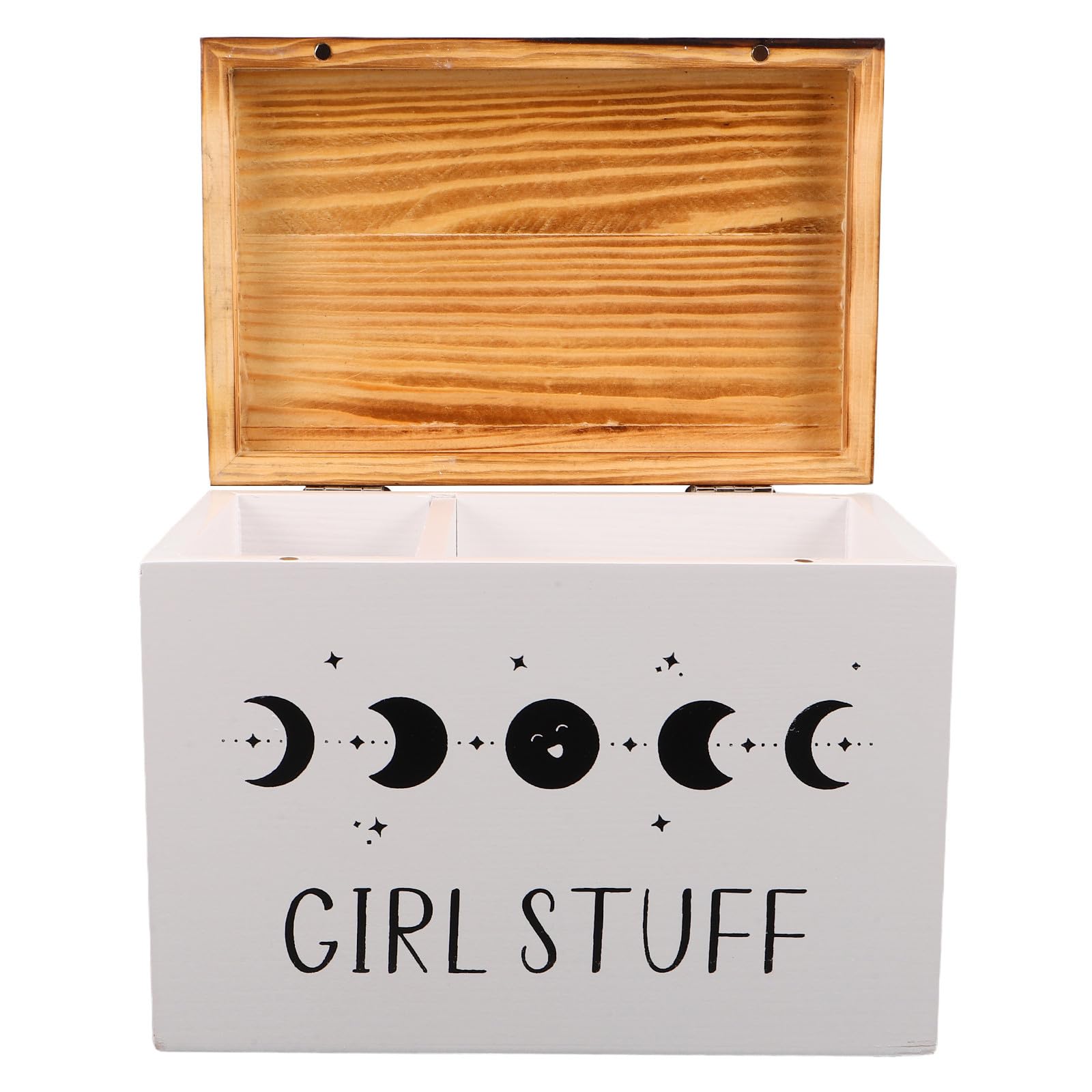Boîte rangement tampons en bois avec compartiments et couvercle blanc