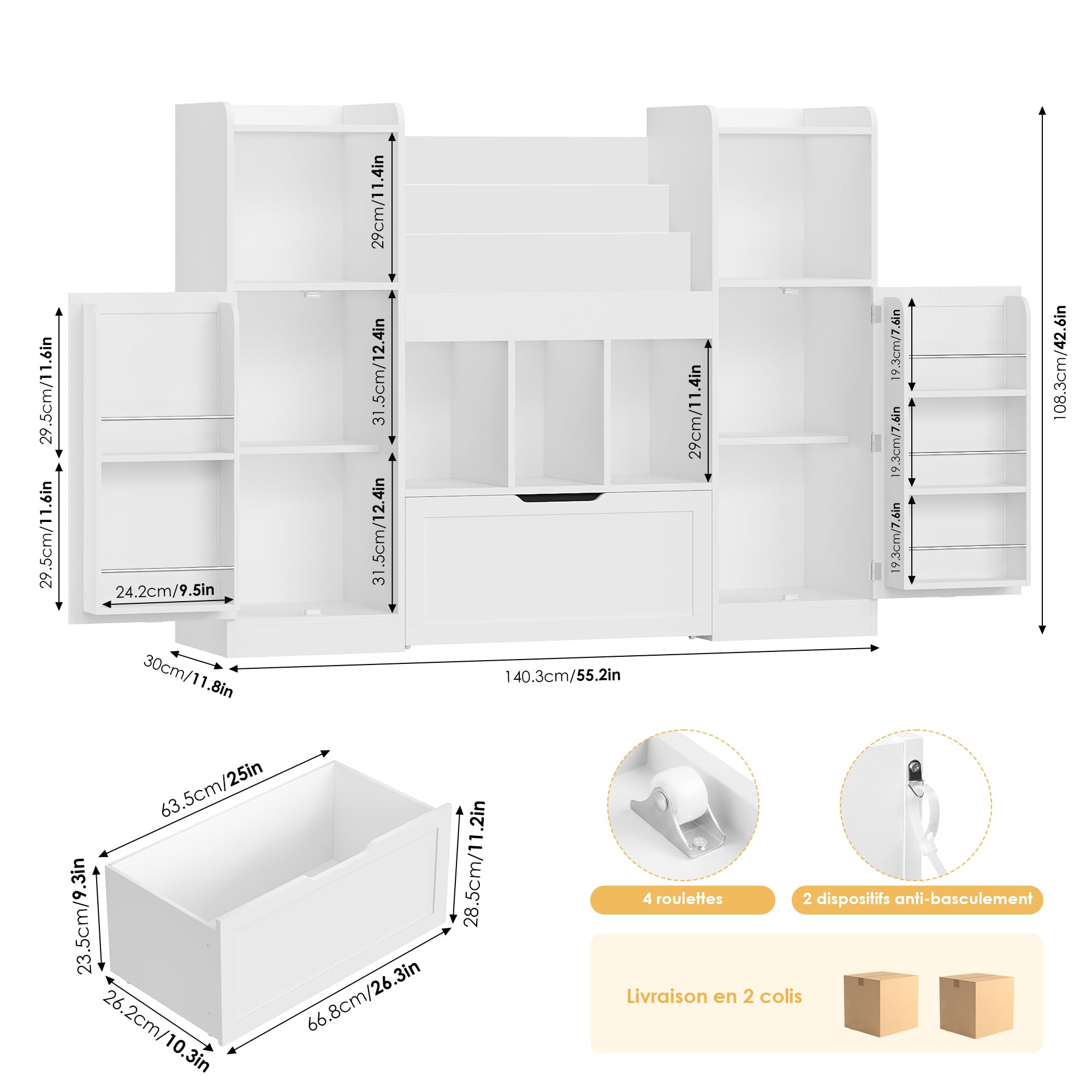 FOREHILL Meuble Rangement Enfant Bibliothèque Enfant 140x30x108.2cm, Blanc | Rangement jouet enfant et livres, 10 rangement derrière 2 portes, 1 grand tiroir roulant, Bibliothèque enfant salle de jeu