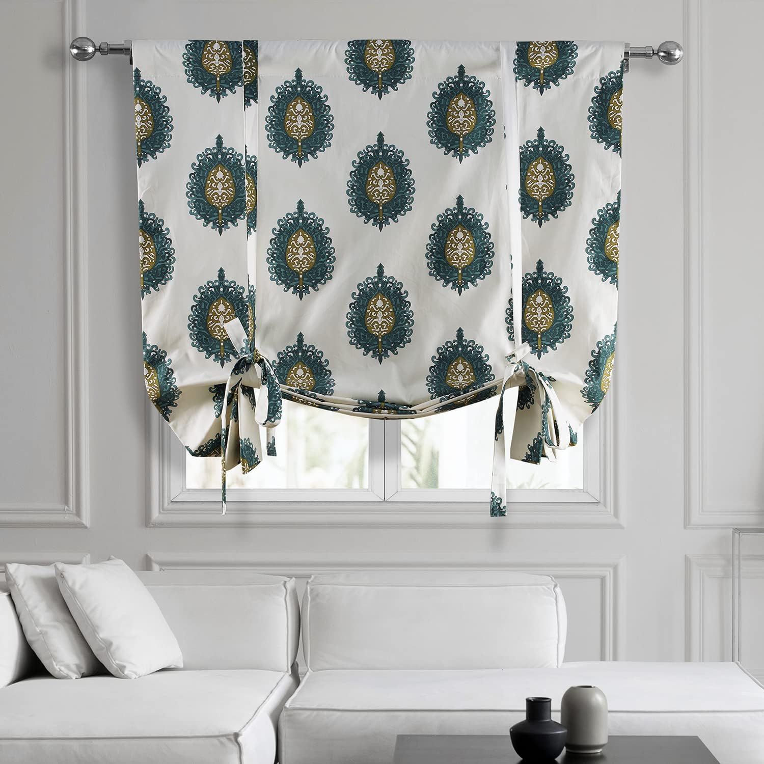 HPD Half Price Drapes Room Darkening Tie Up Curtains 46 X 63 Inch Mayan Printed Cotton Window Roll Up Balloon Curtain for Living Room, Kitchen PRTW-TUD02-63 (1 Panel), Mayan Teal
