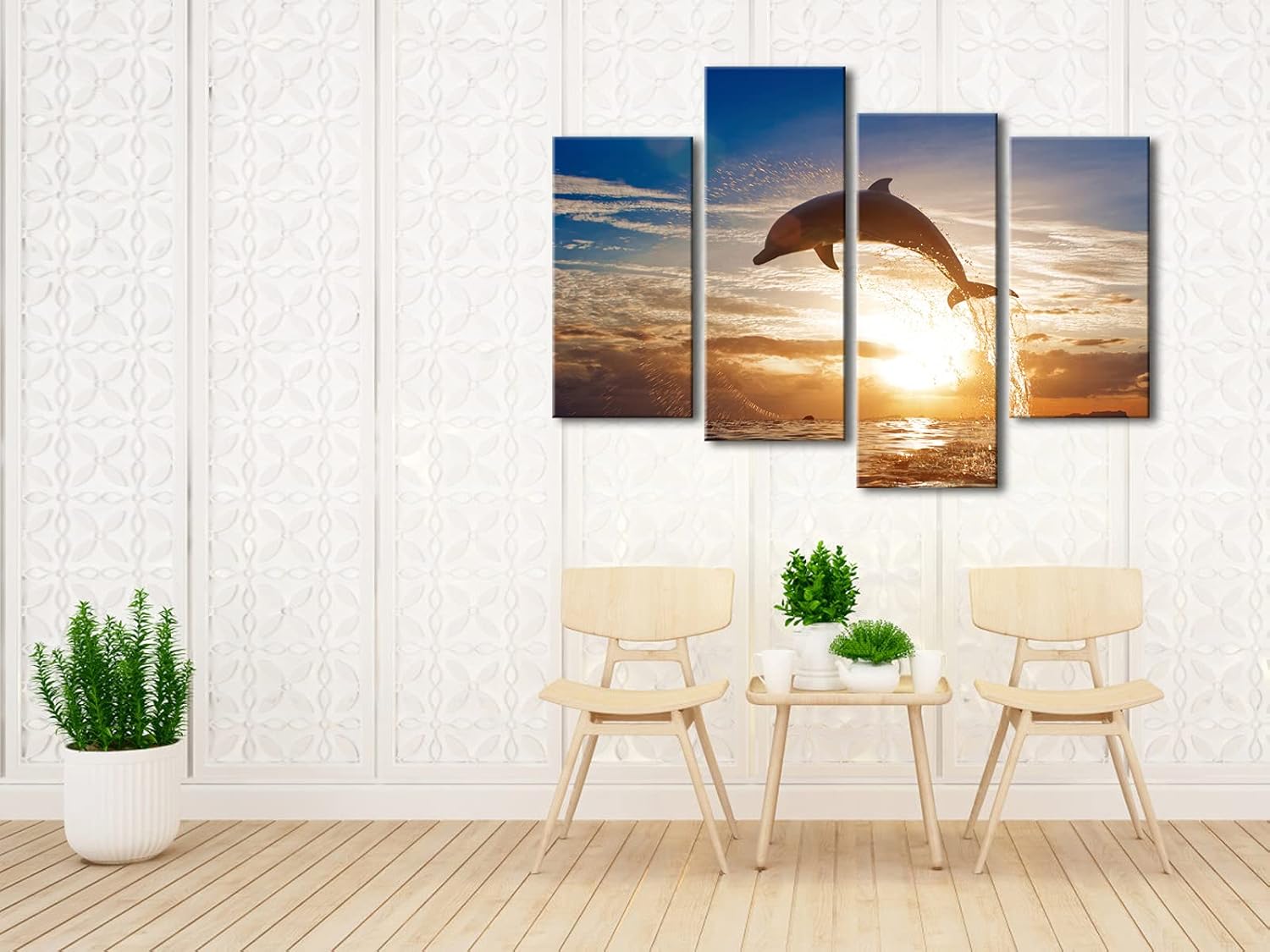 Wieco Art Happy Dolphin Giclee Canvas Prints Wall Art Ocean Animals Sea Beach Landscape Pictures Paintings for Living Room Bedroom Home Decorations Large 4 Piece Modern Grace Seascape Artwork L