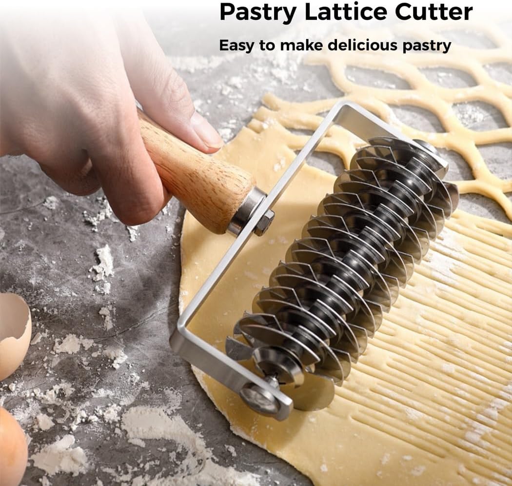 Kitchen Crust Lattice Roller Cutter: Nonstick Pie Roller with Ergonomic Wooden Handle