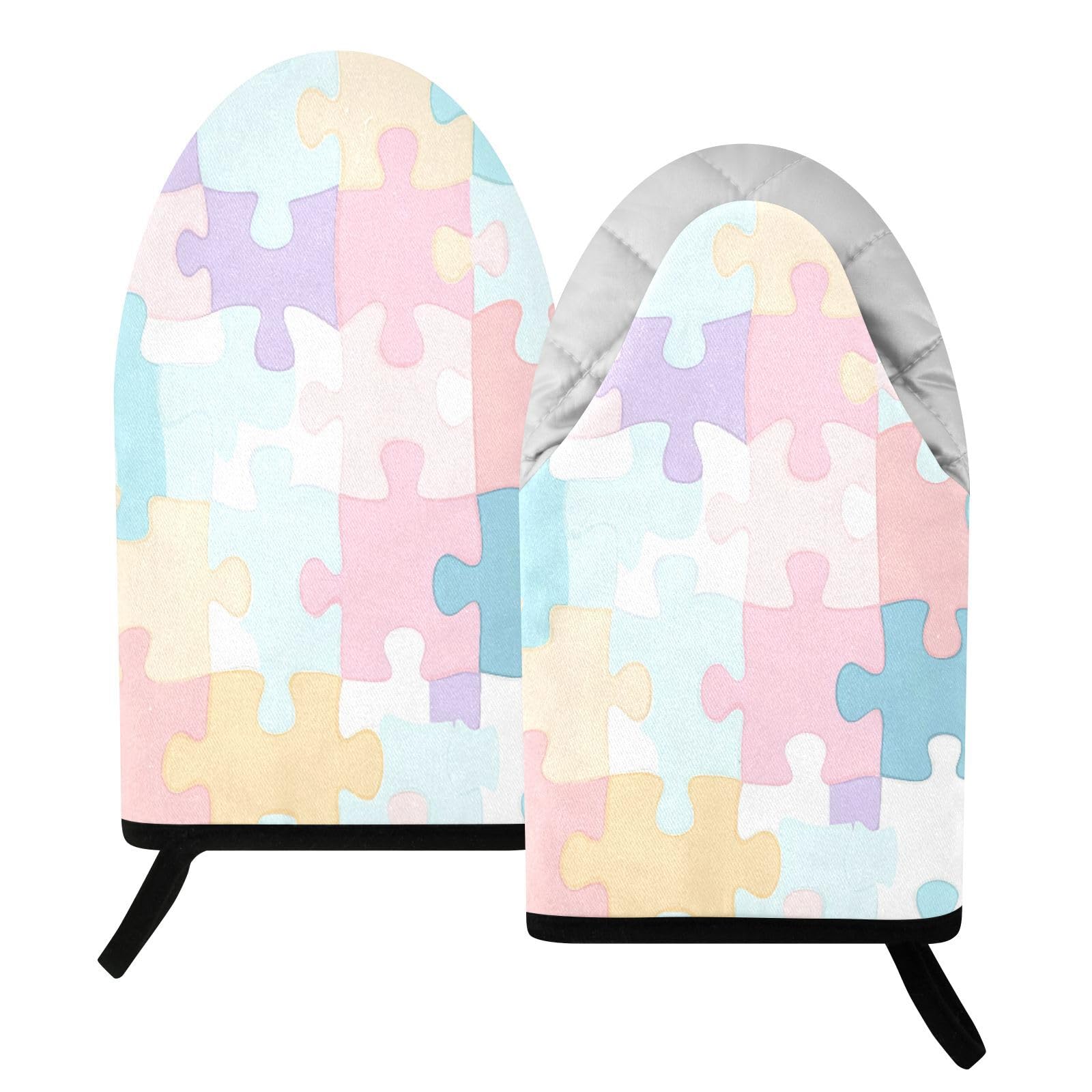 BURSTDDY Pastel Colored Puzzle Pattern Oven Mitt,Heat Resistant Kitchen Mitts for Cooking