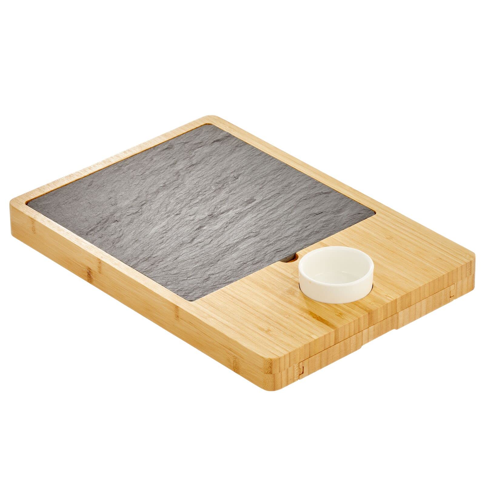 mDesign Serving Charcuterie Boards/Accessories - Wood and Slate Appetizer Holder Board with Cheese Knife Set, Ceramic Bowl, Chalk Pencils, and Label Flags - Natural Wood