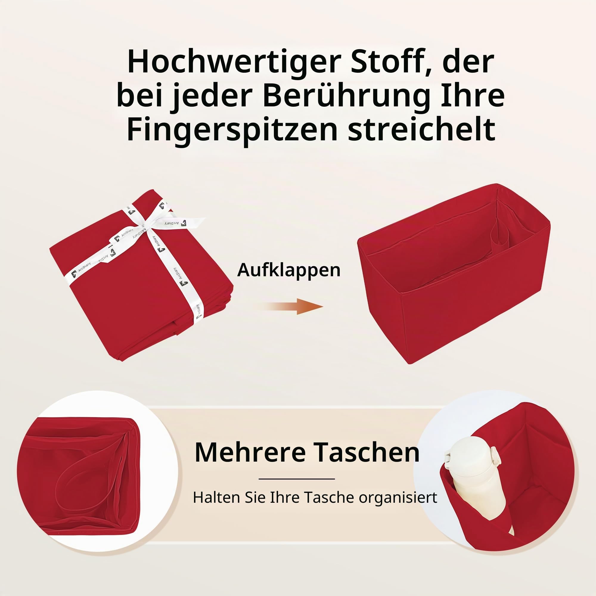 Taschenorganizer.HandtaschenOrganizer.MultiTaschenDesign,faltbar,handgefertigt aus Nylon und Satin,seidig und glatt,kann für viele Taschen verwendet werden(XL-Rouge moyen)