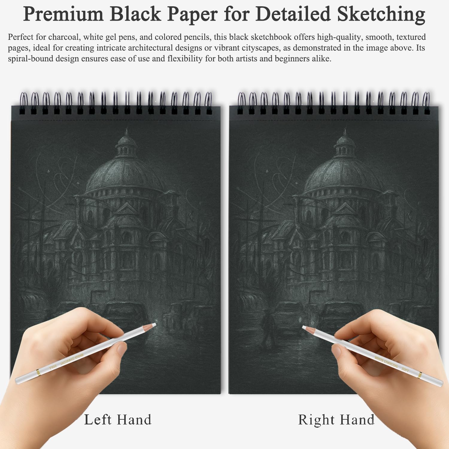 Fuxi Blocco da disegno in carta nera, 20,3 x 25,4 cm, 60 fogli (40,8 kg/150 g/m²), copertina rigida su entrambi i lati, rilegatura a spirale, forniture artistiche ideali per adolescenti, regali per