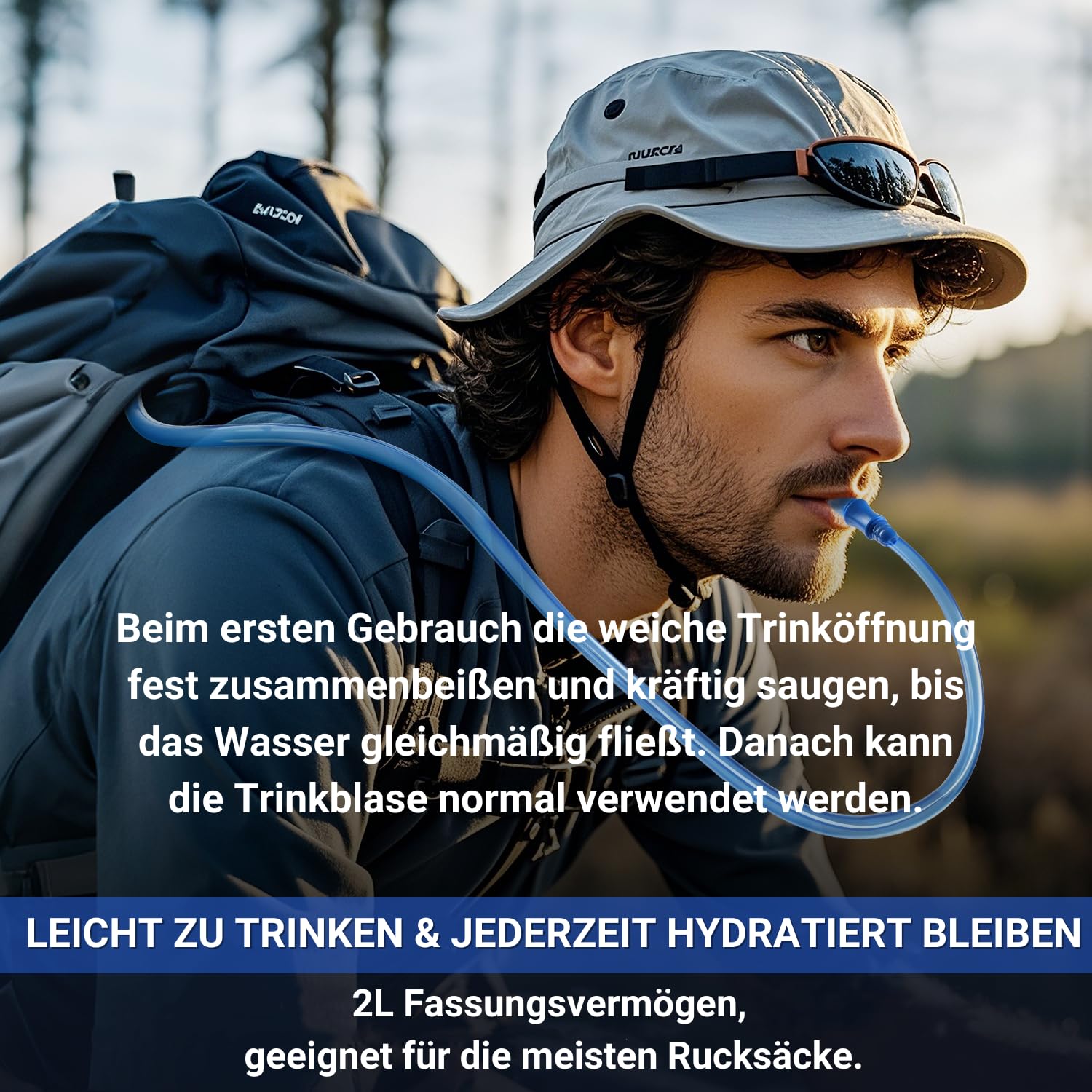 2L Trinkblase | Materialverstärkte Auslaufsichere Wanderausrüstung Wasserflasche mit 100cm Extralangem Trinkschlauch – Ideal für Radfahren, Wandern & Klettern