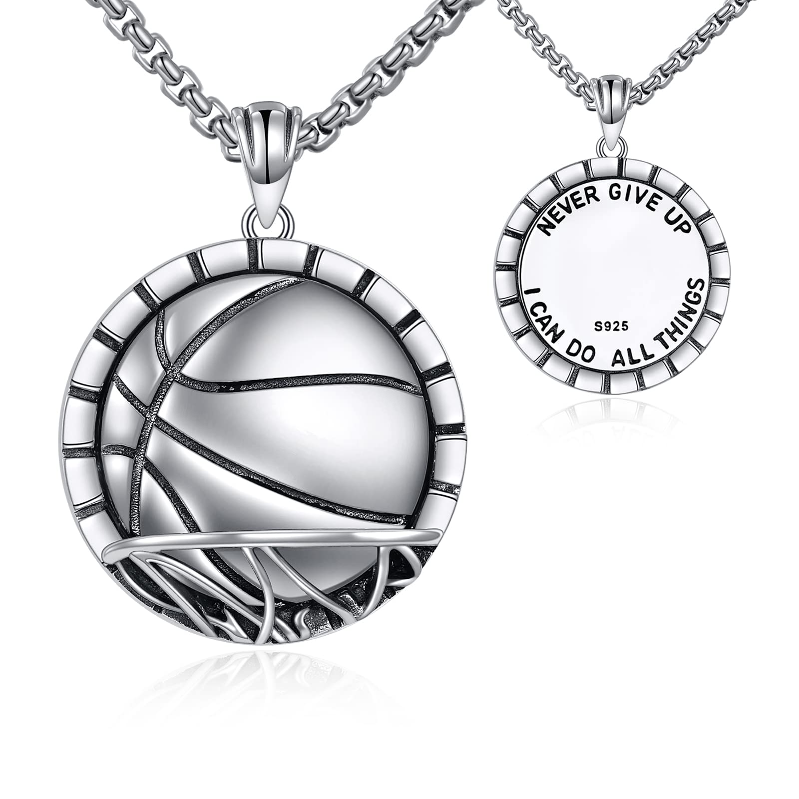 YFN Collana Basket In Argento Sterling 925 Con Ciondolo Pallacanestro E Incisione "Never Give Up" - Regalo Per Giocatori