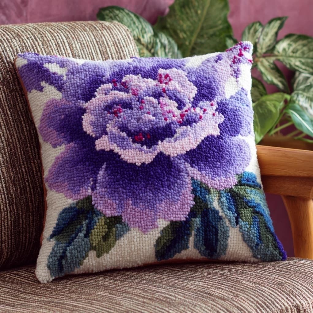 Axiangzik Purple Peony Latch Hook Pillow Kit 17X17in,