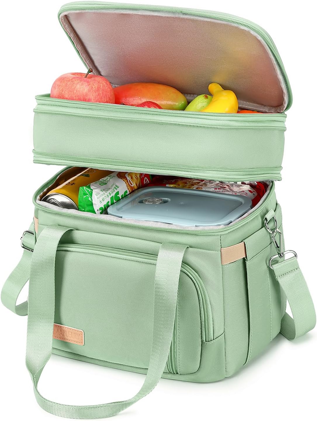 Lunch Box for Men Women - Double Deck Insulated Lunch Bag, Large Leak Proof Tote Cooler, Wide Open Dual Compartment Lunch Bags with Shoulder Strap, For Work Picnic Hiking Beach, Green