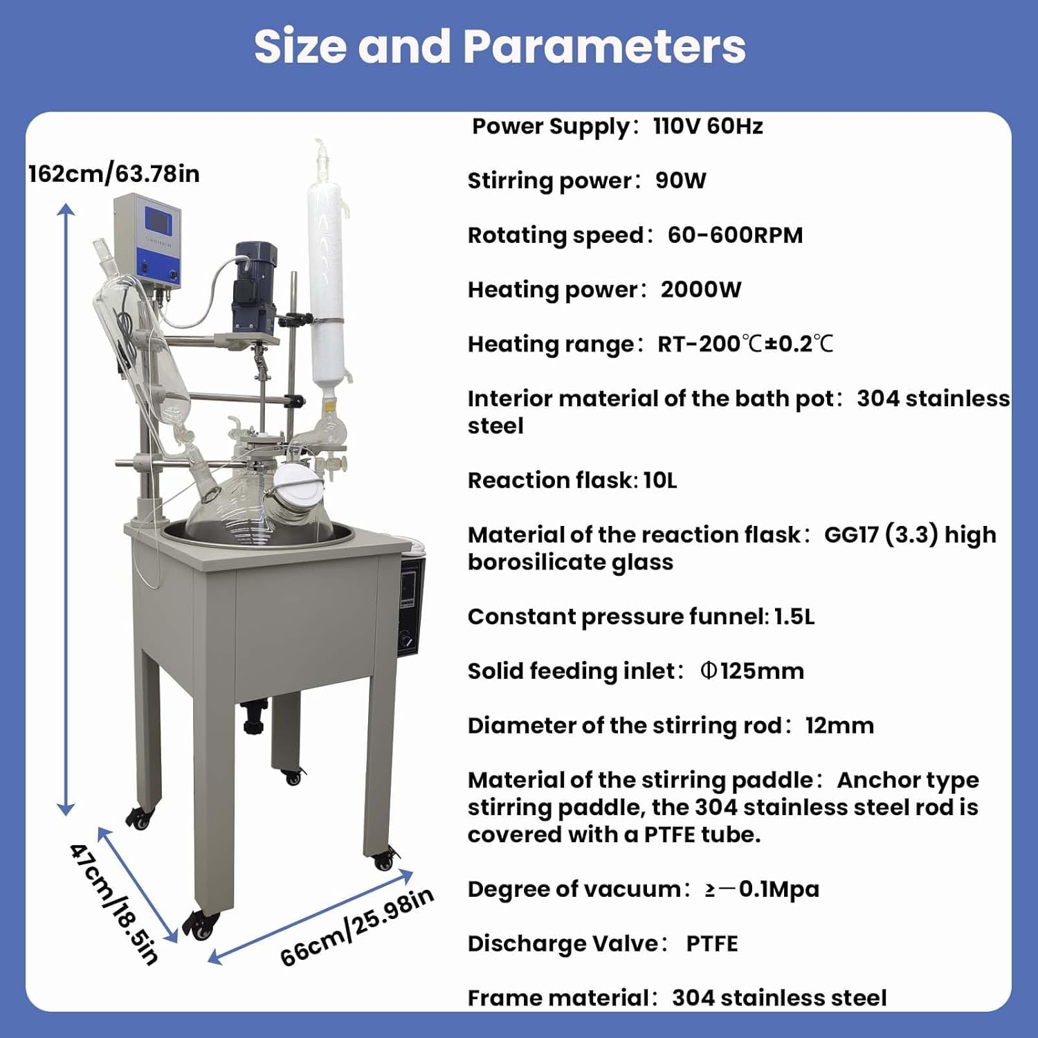 10L Single Layer Glass Reactor Jacketed Chemical Lab Reaction Vessel Kettle with Digital Display, Adjustable Speed 60-600RPM for Distillation and Experimentation with Heating Function 110V