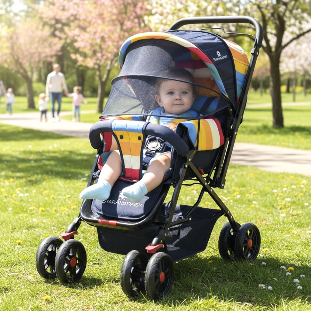 StarAndDaisy Stroller for Baby Boy & Girl 0 to 3 Years / Baby Stroller with Lightweight / Foldable Pram for Kids with 5-Point Safety Harness, Adjustable Backrest, 360° Swivel Wheel, Large Storage, Reversible Handlebar, Extended Mosquito Net -Rainbow