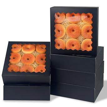 qiqee 9x9x2.5 Inch Black Pie Boxes with Window 12Packs Cookie Donut Bakery Box Auto-pop Up