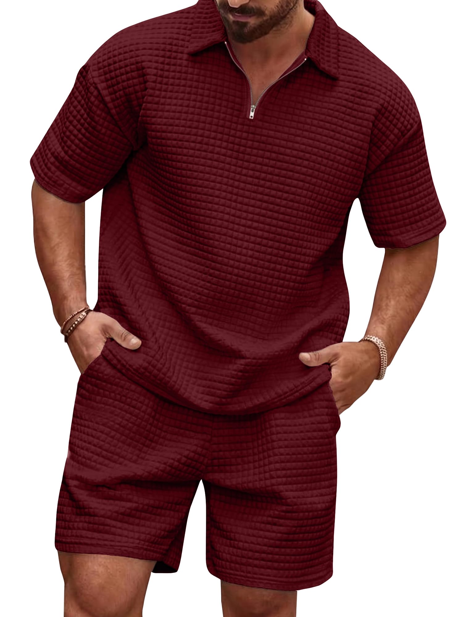JMIERR Herren 2 Pcs Waffel Polosuit Outfits Halb Zip Polo Shirt und Short Texturiert Sommer Set S-3XL