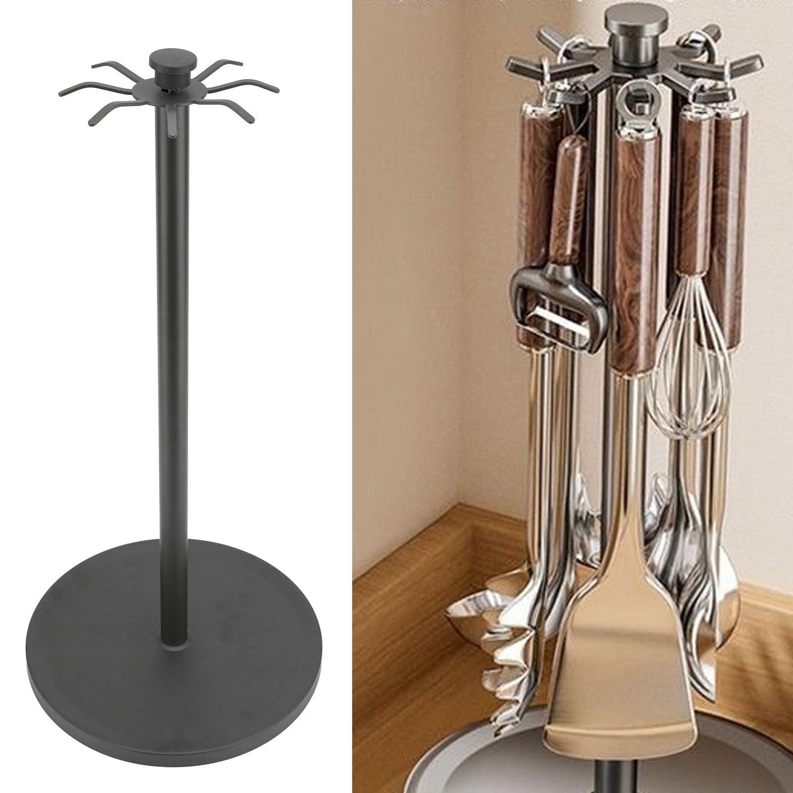 Miriam Song Kitchen Countertop Utensil Holder, with 8 Hooks Metal Rotating Kitchen Utensil Storage Hanger Organizer for Countertop Spoon Spatula