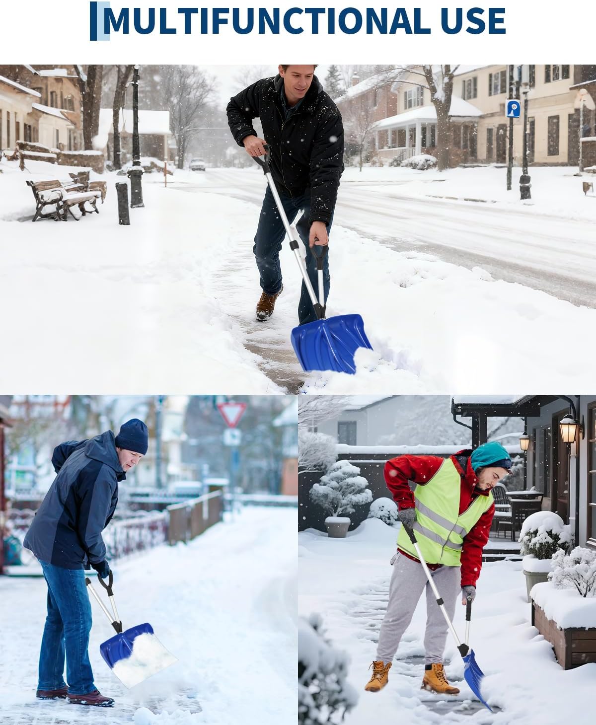 Snow Shovel with D-Ring Handle Grip, 18" Wx 13" H, Lightweight Snow Pusher Shovel for Driveway, Aluminum Wear Strip for Snow Removal Clear, for Garden, Deck, Black & Silver