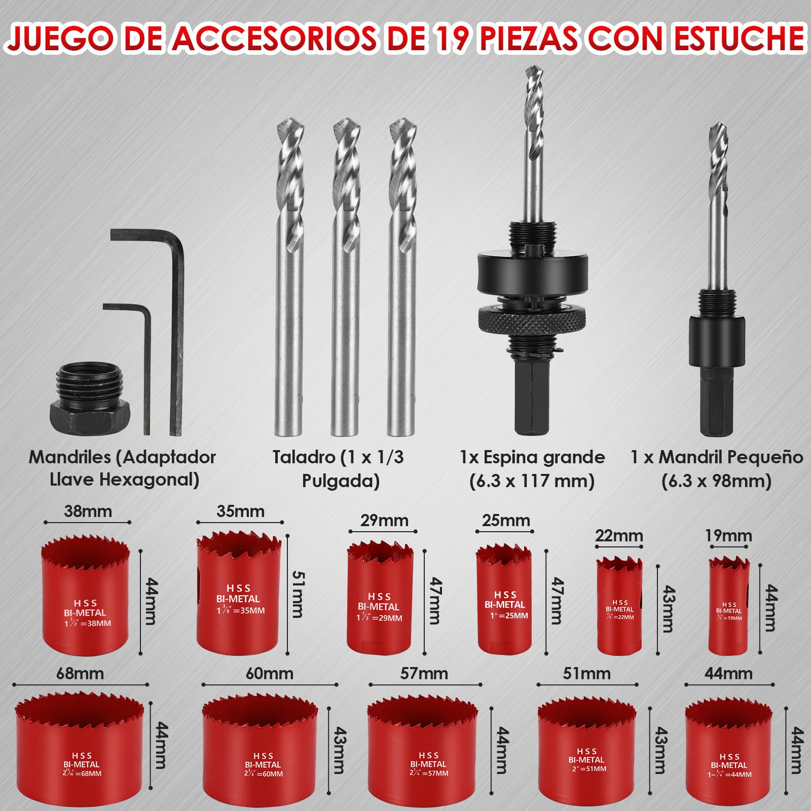 Juego de Coronas M42 Bimetal – Set de 19 piezas (19–68mm) con broca guía y soporte, profundidad de corte 40mm – Ideal para Madera, Pladur y Diamante