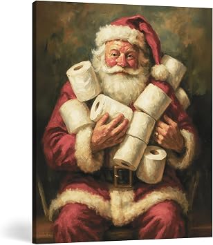 FGFK Funny Santa Christmas Bathroom Wall Art Decor Framed, Holiday Winter Christmas Santa Canvas Prints Poster Wall Decorations for Bath Room Washroom Restroom Toilet, 8x10 Inch