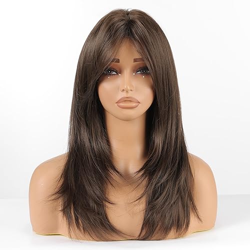 Miniatura 10 de Allbell Peluca larga negra con flequillo, peluca recta en capas para mujer, aspecto natural, resistente al calor, pelo sintético para uso diario o