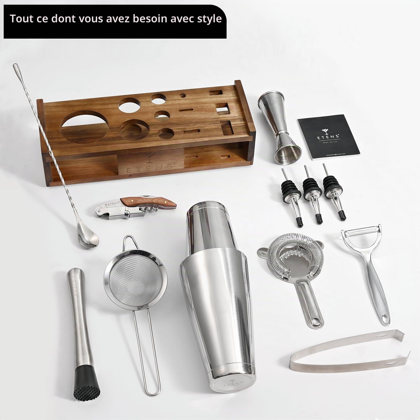 Etens Mixology Kit de Barman | Ensemble Shaker à Cocktail Boston avec Support, Ensemble d'outils de Bar avec Organisateur pour la Fabrication de Boissons à la Maison