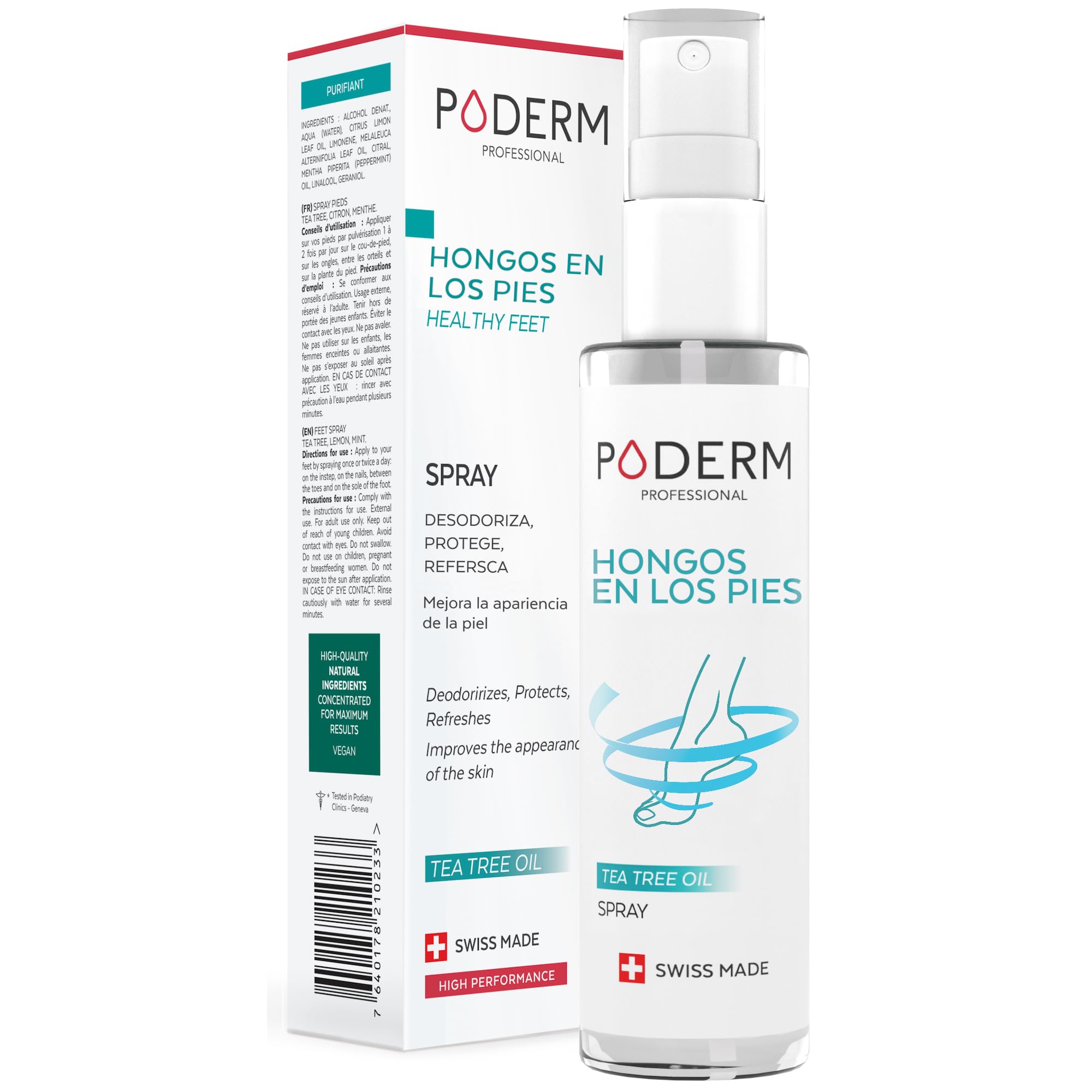 HONGOS PIES SPRAY 50ml - PIE DE ATLETA - Elimina los hongos y el mal olor - Reduce la transpiración - Sensación de frescura - Árbol de té, limón y menta - Cuidado profesional - Swiss Made