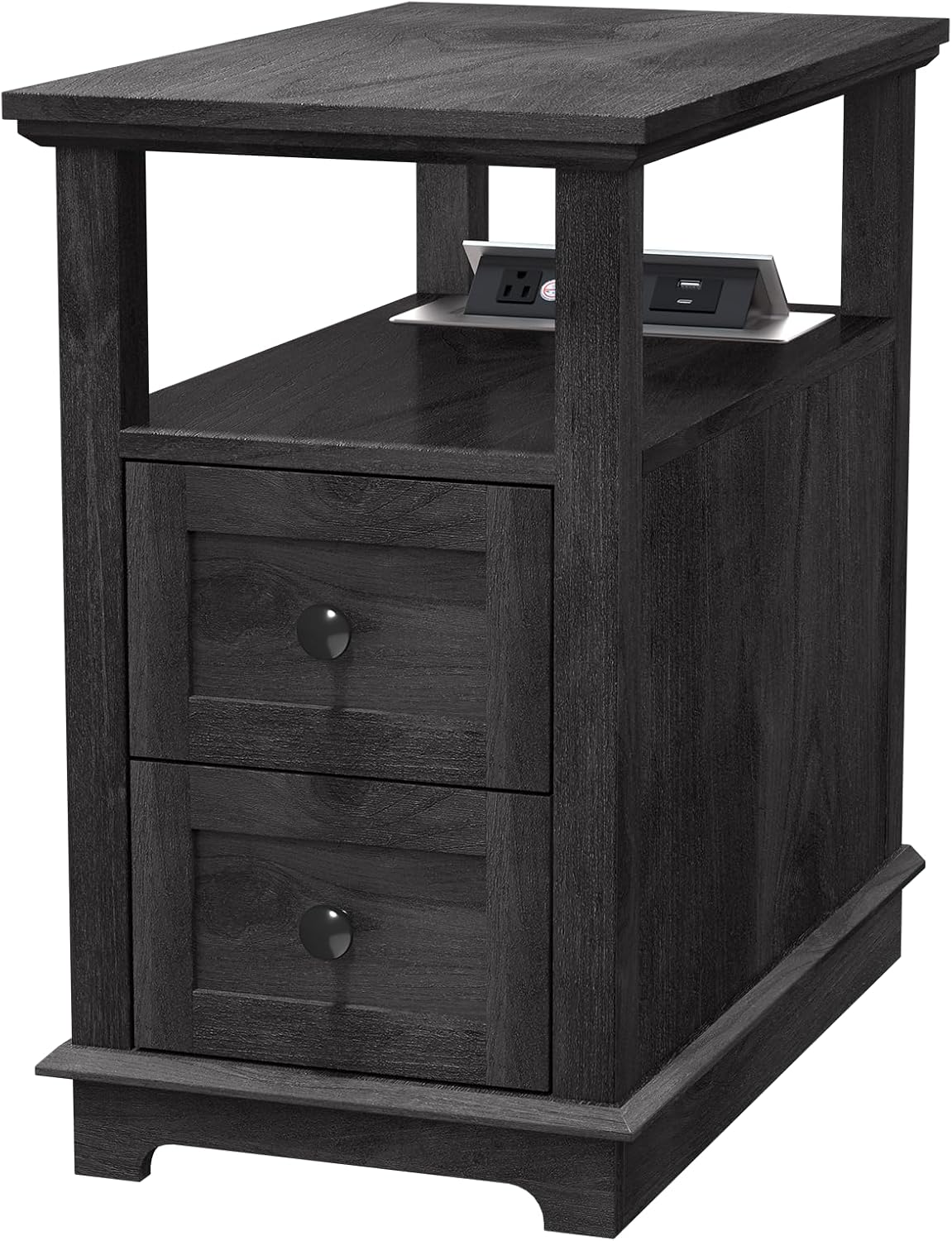HIFYOBRO Narrow End Table with Flip Top Charging Station, Side Table with 2 Drawers, Type-C & USB Port & Power outlets, Wooden Storage Cabinet, Side Table with Storage for Living Room Bedroom