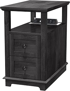 HIFYOBRO Narrow End Table with Flip Top Charging Station and 2 Drawers, ...