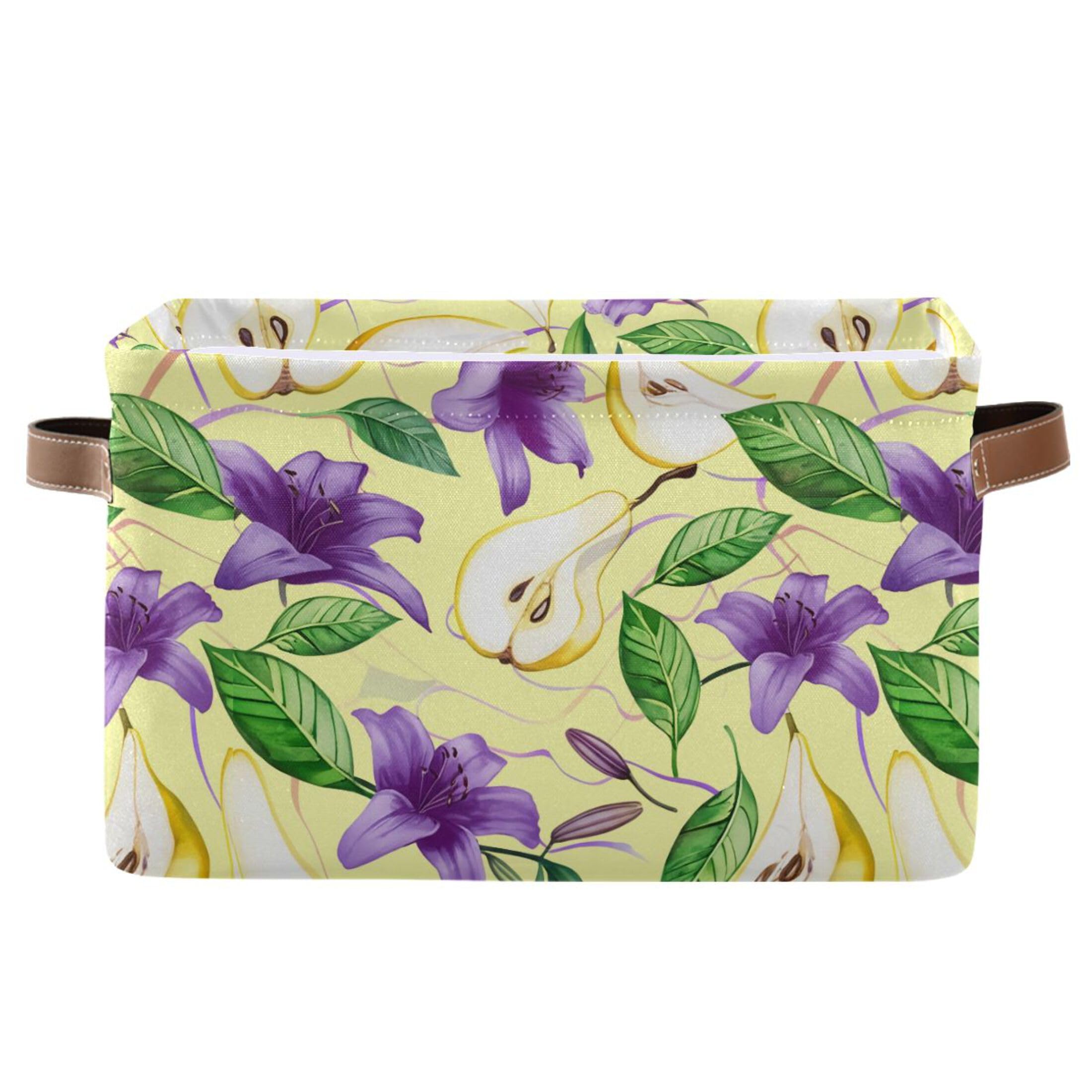 Panier à linge pliable floral violet et beige avec poignées pratiques