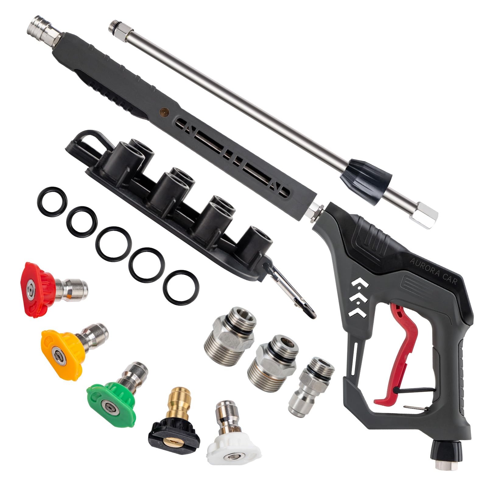 Pressure Washer Gun with Swivel, with Replacement Wand Extension, with M22 14mm & 15mm Fitting, 3/8" Quick Connect Plug, 5 Nozzle Tips with Nozzle Holder, 5000PSI, 41 Inch, Stainless Steel