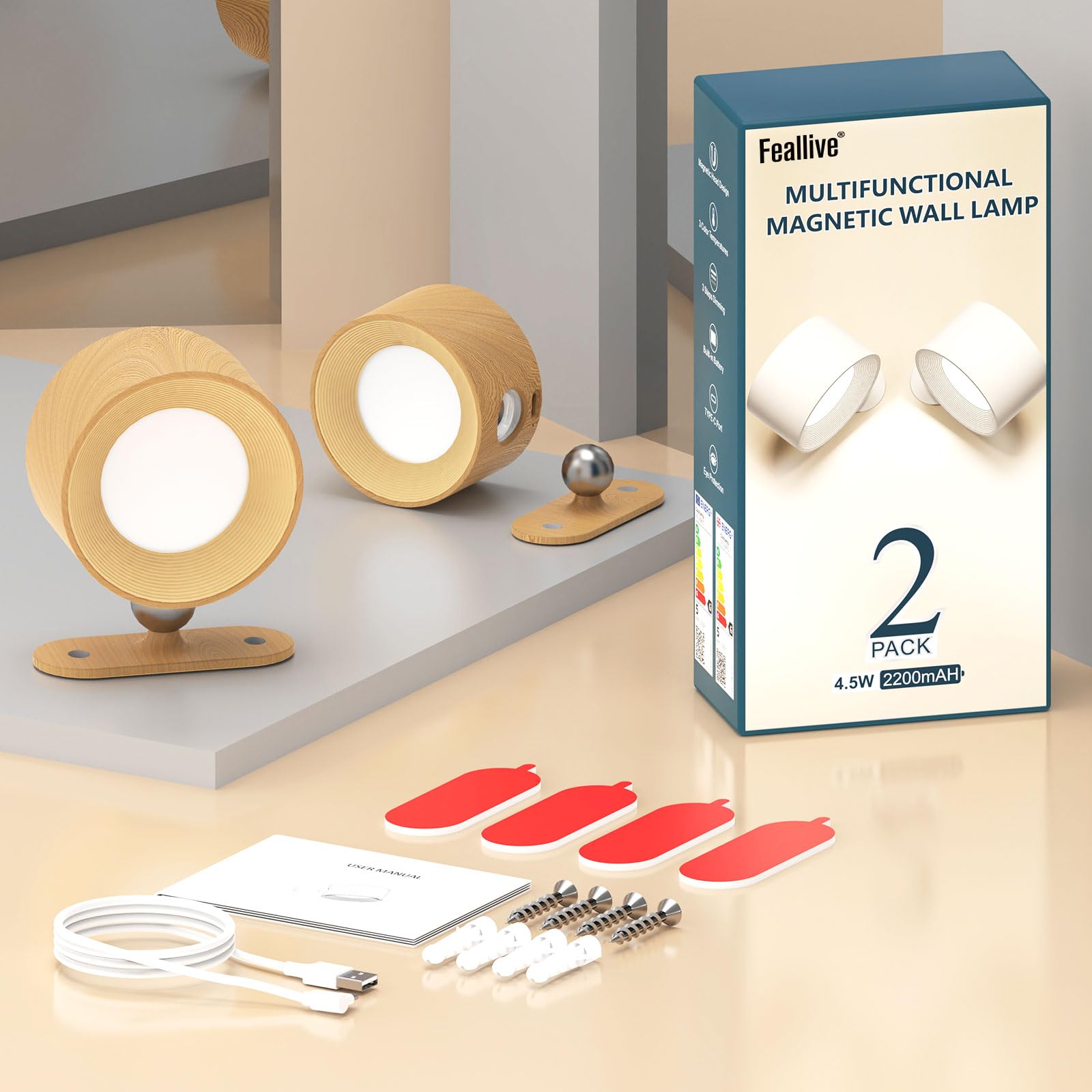 Feallive LED Wandleuchte Innen, Wandlampe mit Akku 2 Stück,Touch Control 3 Helligkeitsstufen, 360° drehbare, für Wohnzimmer Schlafzimmer TreppenhausFlur kabellose wandleuchten Holzmaserung