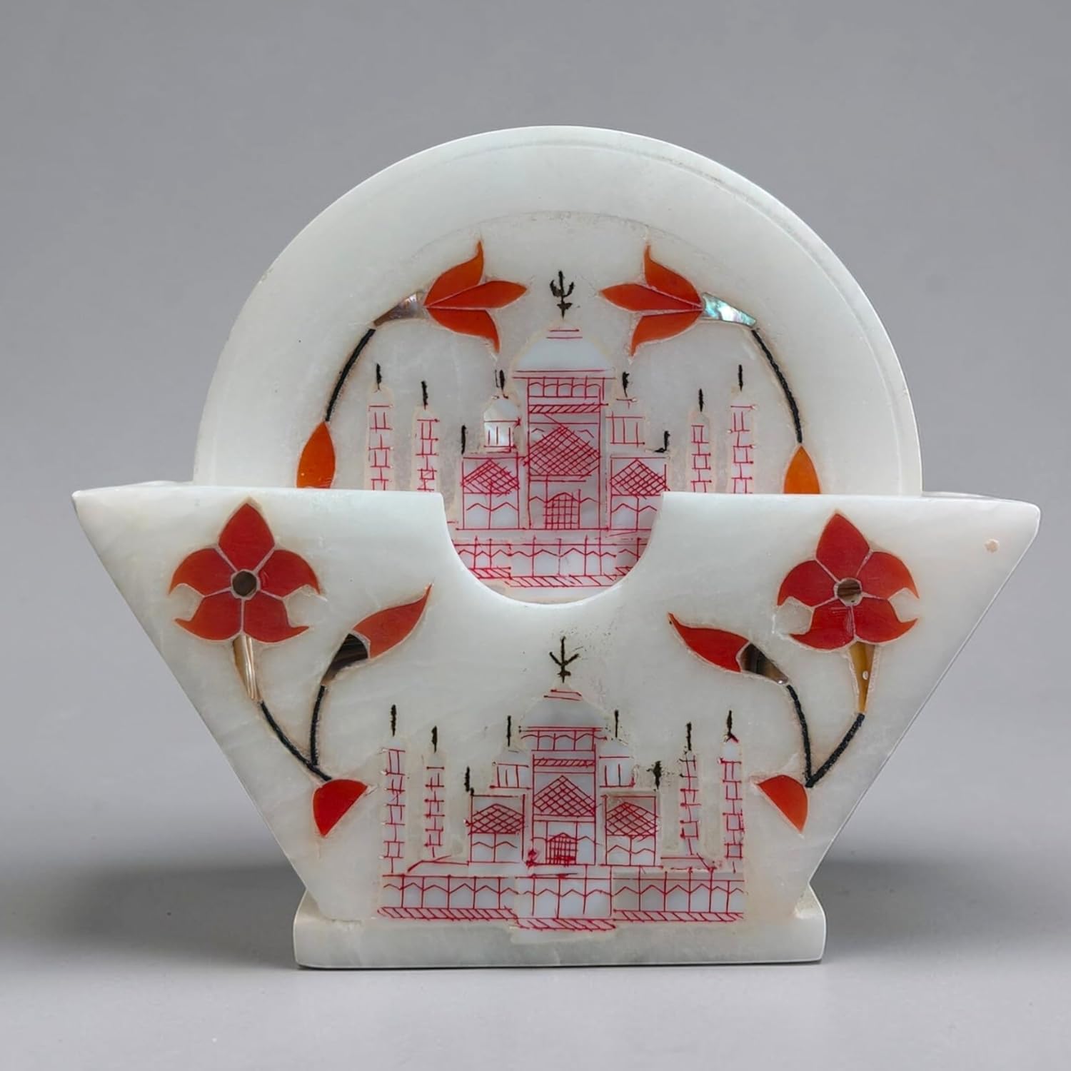 Soapstone Coasters Set of 6 with Holder (Marble Coaster Taj Mahal Design)