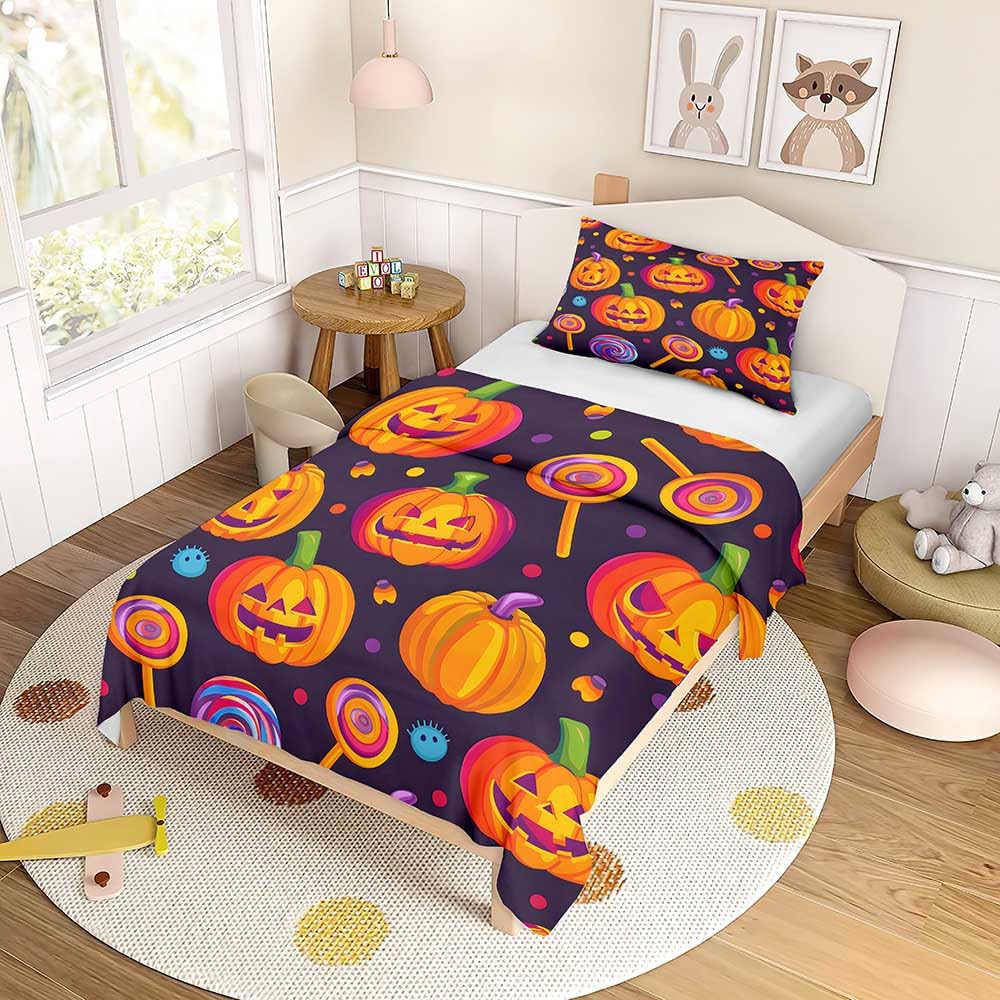Odot Cot Bed Duvet Cover Set, Halloween Style Childs Toddler Bedding Quilt Covers Set for Kids Boys Girls, Single Bed Duvetcover with Pillowcase Kids Bedding (Dark purple,120x150cm)