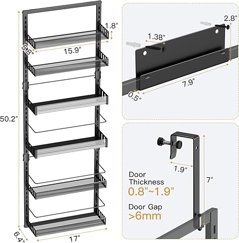 Miniatura 6 de Organizador de despensa sobre la puerta, estante grande de 6 niveles para especias de almacenamiento de pared, 2 en 1, cestas colgantes ajustables