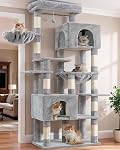 Heybly Cat Tree, 76-Inch Tall Heavy Duty Cat Tower for Big Cats with Extra Wide Baseboard, Multi-Level Large Cat Furniture with 2 Condos & 2 Hammocks, 10 Scratching Posts, Smoky Gray HCT039G