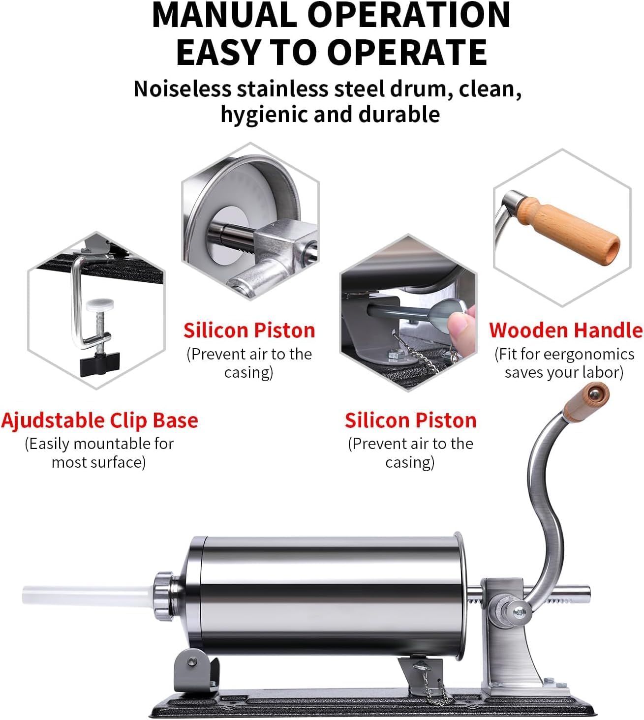 Manual Sausage Stuffer Machine, Stainless Steel Horizontal Meat Stuffing Filling Machine, for Making Hot Dog Sausages