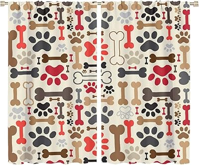 Cute Dog Paws Curtains for Living Room, Cartoon Dog Paw Print and Funny Bones Rod Pocket Thermal Insulated,Window Drapes 72x63in