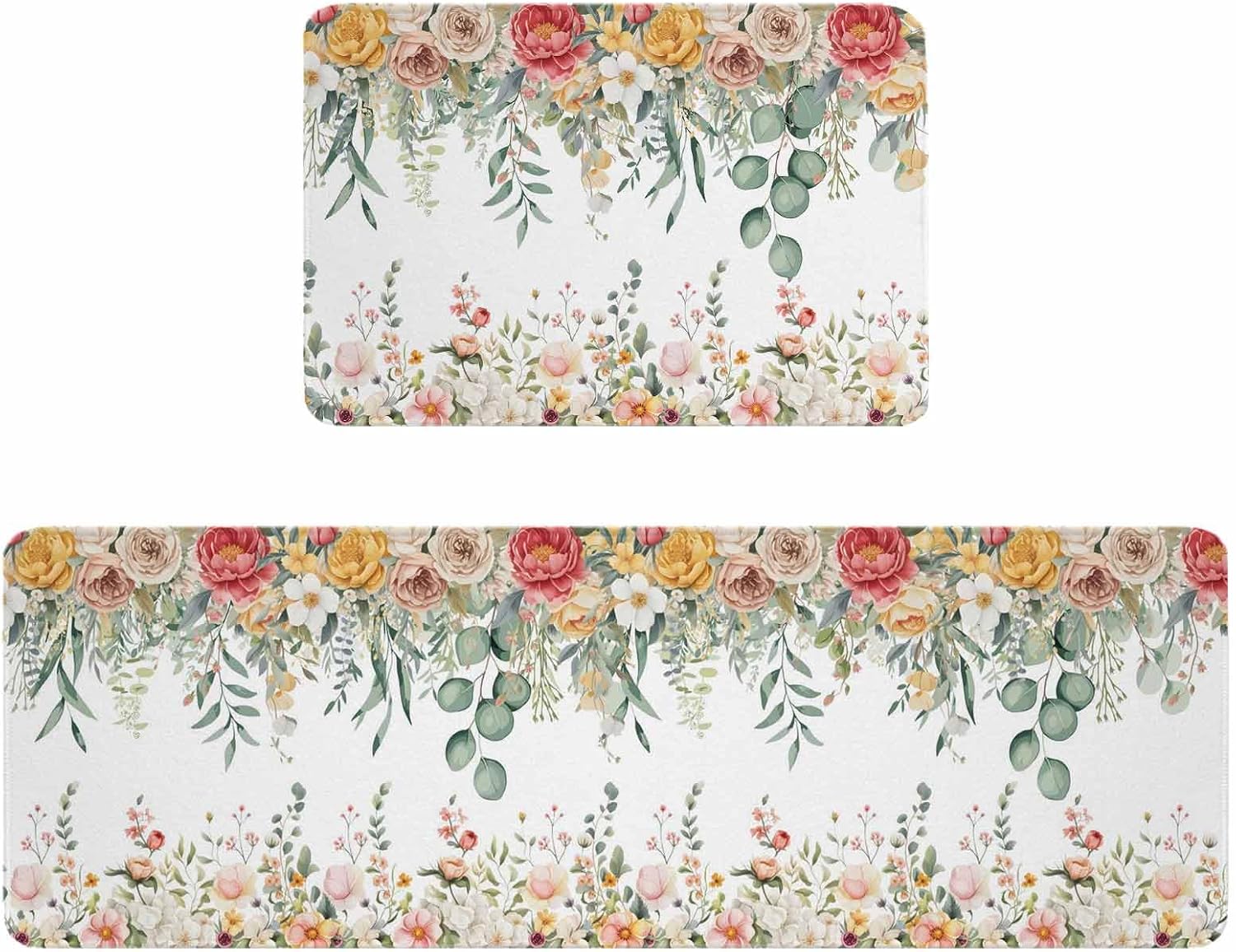 Spring Floral Kitchen Rugs and Mats Set of 2, Non-Slip Kitchen Sink Mat, Watercolor Roses Eucalyptus Leaves Botanical Washable Doormat Bathroom Rugs Runner for Bedroom 17.7"x30"+17.7"x47.2"