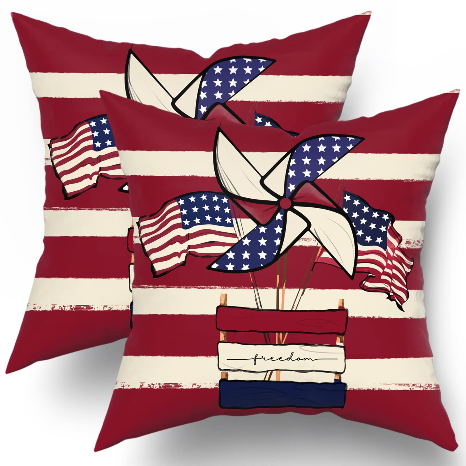 4th of July Patriotic Pillow Covers 18x18 Set of 2 American Flag Windmill Red Stripes Decorative Throw Pillows Holiday Decorations Pillowcase Cotton Square Cushion Cover Decor for Home Couch Bed Soft
