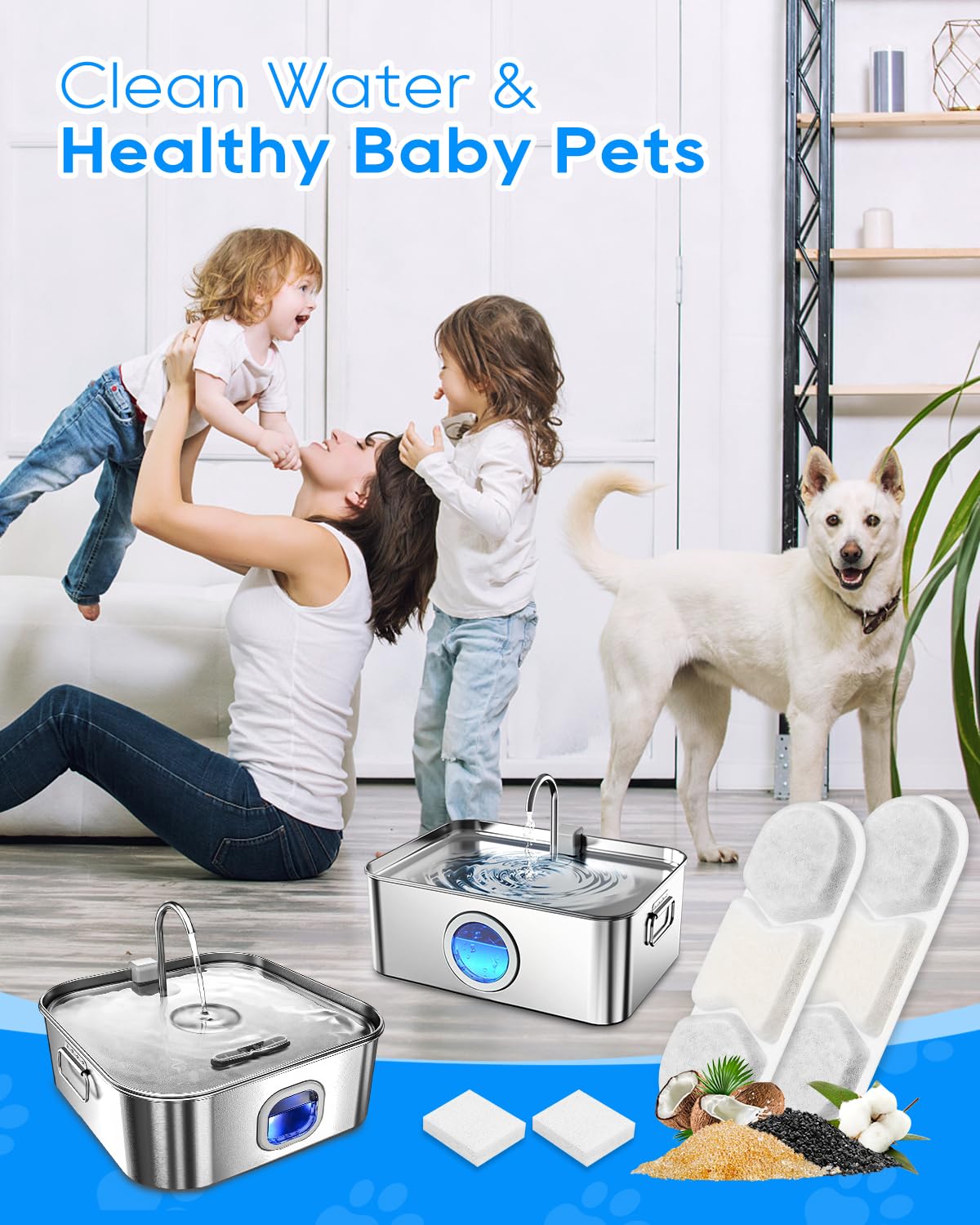Filtro de fuente de agua para perros, compatible con MAILOFY de 11,623.3 g/3.2 galones/12 L, fuente de agua grande para mascotas, filtros y esponjas, sistema de filtración de 4 capas para