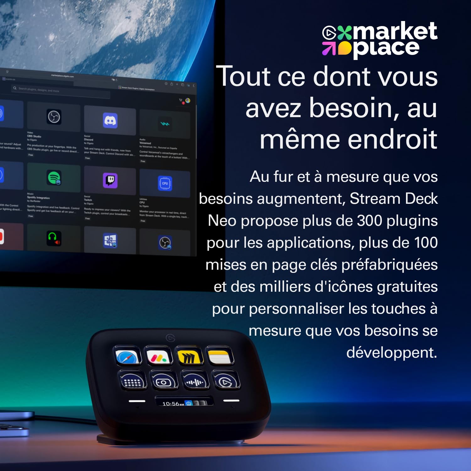 Elgato Stream Deck Neo (Noir) – 8 Touches Personnalisables, 2 Touch Points, accélérez tâches et workflows – Word, Excel, Teams, Zoom, Spotify, etc. – Compatible Mac/PC