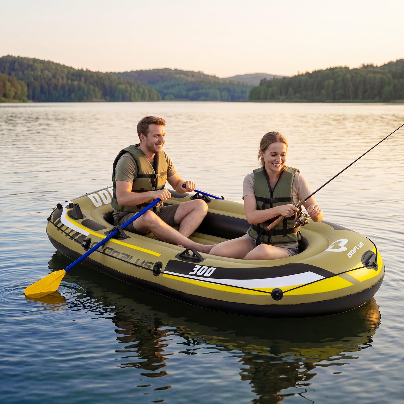 COSTWAY Schlauchboot für 2 Personen, aufblasbares Boot mit 2 Paddeln, Handpumpe, Fischmaßbändern & Angelrutenhaltern, 252 x 125 x 40 cm