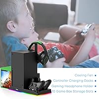 Vista 7 de Upgrade Stand for Xbox Series X with Back Cooling Fan& RGB Lights, Charging Station with Controller Charger Dock &Game Storage Rack Organizer&