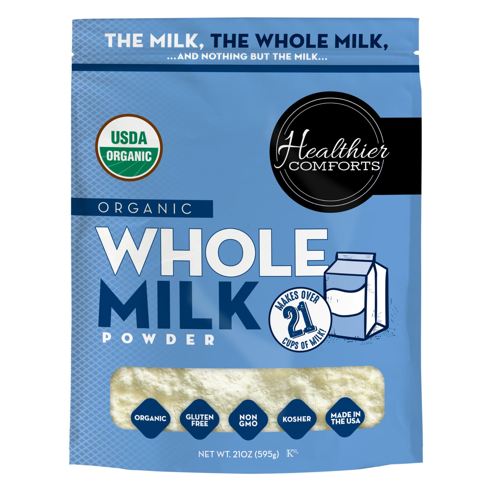 Healthier Comforts Organic Whole Milk Powder (1.31lb) | USDA Organic Dried Milk | Non-GMO, Gluten Free, Kosher, Antibiotic & Hormone Free | Shelf Stable Powdered Milk in Resealable Bag