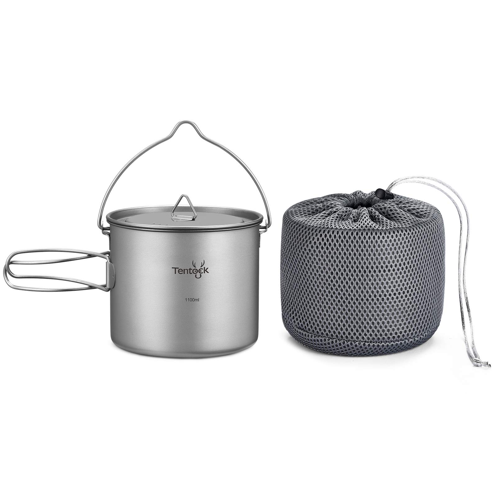 Tentock Pentola Pensile in Titanio con Coperchio e Manico Pieghevole Pentola da Cucina Portatile Ultraleggera da Esterno per Barbecue Campeggio Escursionismo Picnic 1100 ml