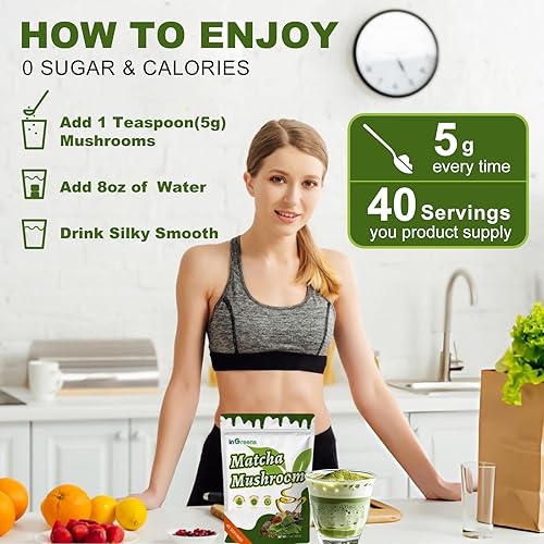 Miniatura 6 de Matcha de hongos de 7.05 oz, mezcla súper premium, polvo de hongos matcha con MCT, Reishi y melena de león para fortalecer el sistema inmunológico,